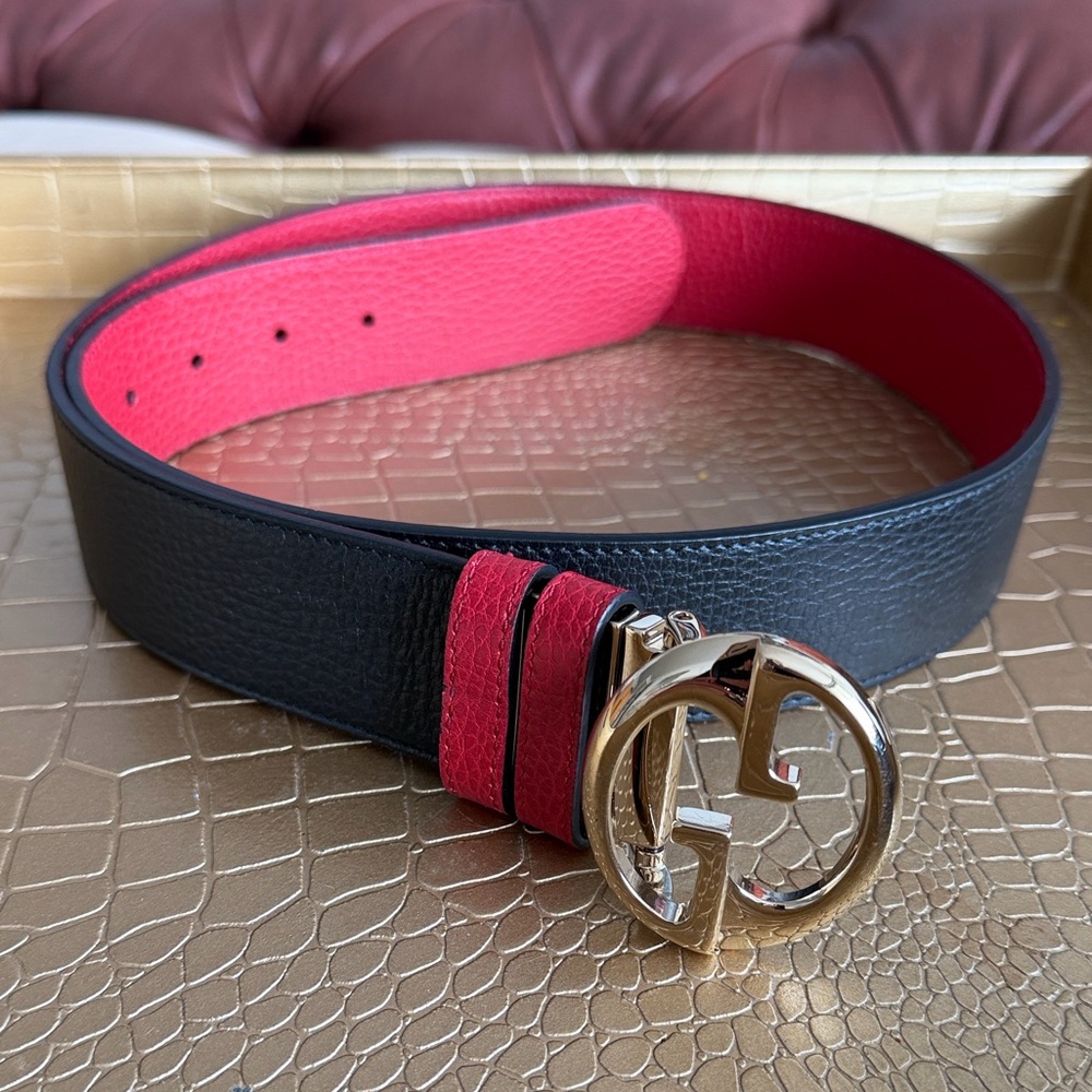 GUCCI Reversible Red/Blk Logo GG Gold Hardware Leather Peg Buckle Belt 90/36 - Picture 7 of 14
